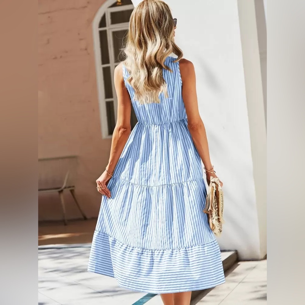 SHEIN Breezaya Striped Print Notched Neck A-Line Dress Blue White 4 - Picture 3 of 12